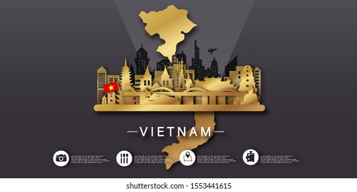 Vietnam with Gold Travel postcard, poster, tour advertising of world famous landmarks in paper cut style.