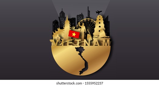 Vietnam with Gold Travel postcard, poster, tour advertising of world famous landmarks in paper cut style. Vectors illustrations