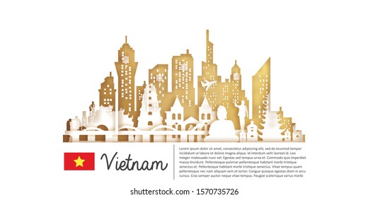 Vietnam with Gold Travel postcard, poster, tour advertising of world famous landmarks in paper cut style. Vectors illustrations