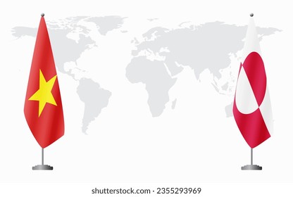 Vietnam and Greenland flags for official meeting against background of world map.