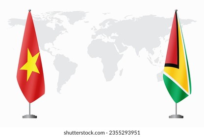 Vietnam and Guyana flags for official meeting against background of world map.