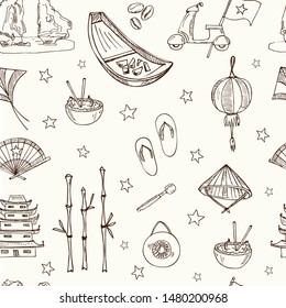 Vietnam hand drawn doodle pattern. Vector illustration. Isolated elements on chalkboard background. Symbol collection.