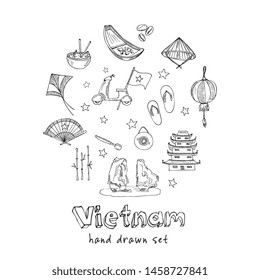 Vietnam hand drawn doodle set. Vector illustration. Isolated elements on white background. Symbol collection.