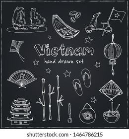 Vietnam hand drawn doodle set. Vector illustration. Isolated elements on chalkboard background. Symbol collection.