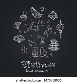 
Vietnam hand drawn doodle set. Vector illustration. Isolated elements on chalkboard background. Symbol collection.