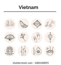 Vietnam hand drawn doodle set. Vector illustration. Isolated elements on white background. Symbol collection.