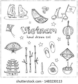 Vietnam hand drawn doodle set. Vector illustration. Isolated elements on white background. Symbol collection.