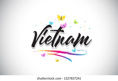 Vietnam Handwritten Word Text with Butterflies and Colorful Swoosh Vector Illustration Design.
