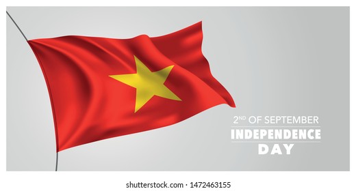 Vietnam happy independence day greeting card, banner, horizontal vector illustration. Vietnamese holiday 2nd of September design element with waving flag as a symbol of independence 