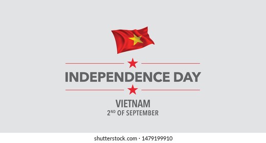 Vietnam happy independence day greeting card, banner, vector illustration. Vietnamese holiday 2nd of September design element with waving flag as a symbol of independence 