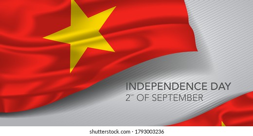 Tarjeta de saludo del Día de la Independencia de Vietnam, cartel con ilustración de vector de texto de plantilla. Fiesta conmemorativa vietnamita 2 de septiembre elemento de diseño con bandera realista con estrella