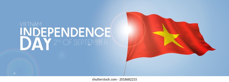 Vietnam happy independence day greeting card, banner with template text vector illustration. Vietnamese memorial holiday 2nd of September design element with 3D flag with star