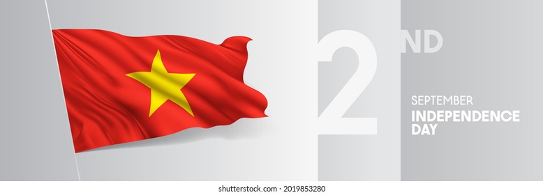 Vietnam happy independence day greeting card, banner vector illustration. Vietnamese national holiday 2nd of September design element with 3D waving flag on flagpole