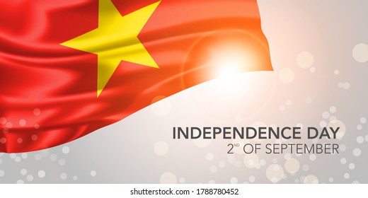 Vietnam happy independence day vector banner, greeting card. Vietnamese realistic wavy flag in 2nd of September national patriotic holiday horizontal design