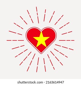 Vietnam heart with flag of the country. Sunburst around Vietnam heart sign. Vector illustration.