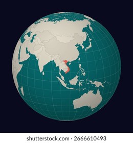 Vietnam en el mapa. Globo centrado en Vietnam. Ubicación de Country en el mapa mundial. Paleta de colores Teal Pale Mint. Globo con países, meridianos y paralelos. Ilustración vectorial de tendencia.
