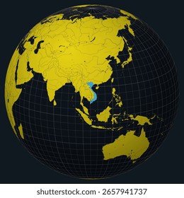 Vietnã no Globo. Vista do país no mapa do mundo em Carvão amarelo brilhante paleta de cores. Forma de Vietnã no mapa. Globo com meridianos, paralelos, países, rios e lagos. Ilustração de vetor ativo.