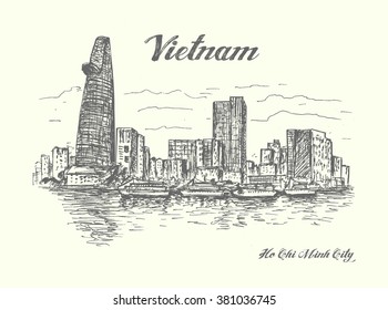 Vietnam Ho Chi Minh City sketched style  vector art  illustration isolated