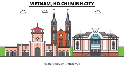 Vietnam, Ho Chi Minh City outline skyline, vietnamese flat thin line icons, landmarks, illustrations. Vietnam, Ho Chi Minh City cityscape, vietnamese travel city vector banner. Urban silhouette