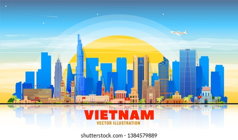 Vietnam (Ho Chi Minh, Hanoi and other) skyline with panorama at sky background. Vector Illustration. Business travel and tourism concept with modern buildings. Image for banner or web site.