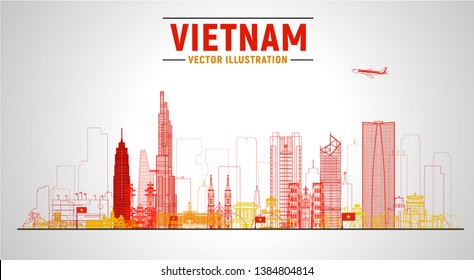 Vietnam (Ho Chi Minh, Hanoi and other) skyline with panorama at sky background. Vector Illustration. Business travel and tourism concept with modern buildings. Image for banner or web site.