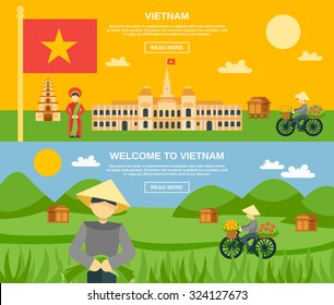 Vietnam horizontal banner set with flat tourist attractions elements isolated vector illustration