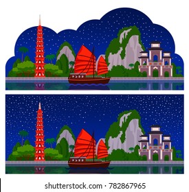 Vietnam. Horizontal panoramic dark night view for flyer, magazines, posters, book cover, banners, guide book. Vector cartoon colorful flat illustration.