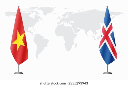 Vietnam and Iceland flags for official meeting against background of world map.