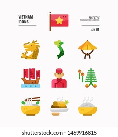 Vietnam icon set 1. Include flag, landmark, people, food and more. Flat icons Design. vector illustration