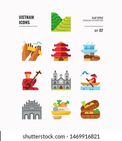 Vietnam icon set 2. Include landmark, people, food, culture and more. Flat icons Design. vector illustration