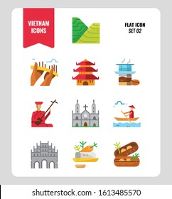 Vietnam icon set 2. Include landmark, people, food, culture and more. Flat icons Design. vector illustration