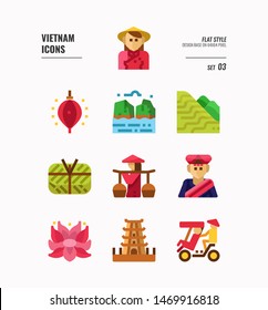 Vietnam icon set 3. Include landmark, people, food, culture and more. Flat icons Design. vector illustration