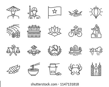 Vietnam icon set. Included icons as Vietnamese, street food , Pho noodle, communist, travel, landmarks and more.