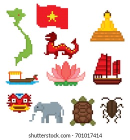 Vietnam icons set. Pixel art. Old school computer graphic style. Games elements.