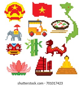 Vietnam icons set. Pixel art. Old school computer graphic style. Games elements.