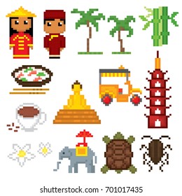 Vietnam icons set. Pixel art. Old school computer graphic style. Games elements.