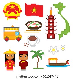 Vietnam icons set. Pixel art. Old school computer graphic style. Games elements.