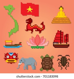 Vietnam icons set. Pixel art. Old school computer graphic style. Games elements.