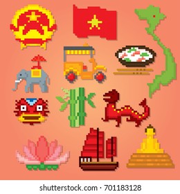 Vietnam icons set. Pixel art. Old school computer graphic style. Games elements.