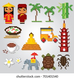 Vietnam icons set. Pixel art. Old school computer graphic style. Games elements.