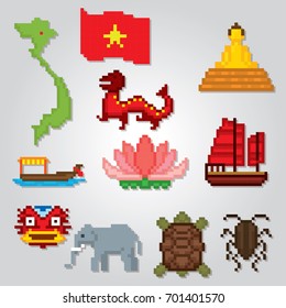 Vietnam icons set. Pixel art. Old school computer graphic style. Games elements.