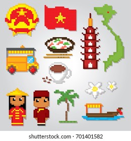 Vietnam icons set. Pixel art. Old school computer graphic style. Games elements.