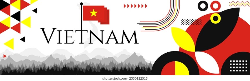 Vietnam Independence Day abstract banner design with flag and map. Flag color theme geometric pattern retro modern Illustration design. Red and Yellow flag color template.