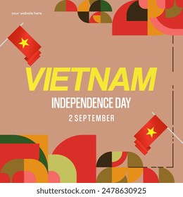 Vietnam Independence Day banner in modern geometric style. Square banner for celebration day with flags and typography. National holiday celebration backgrounds. Happy Vietnam Independence Day