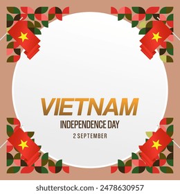 Vietnam Independence Day banner in modern geometric style. Square banner for celebration day with flags and typography. National holiday celebration backgrounds. Happy Vietnam Independence Day