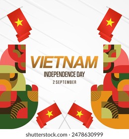 Vietnam Independence Day banner in modern geometric style. Square banner for celebration day with flags and typography. National holiday celebration backgrounds. Happy Vietnam Independence Day