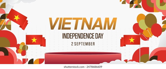 Vietnam Independence Day banner in modern geometric style. Wide banner for celebration day with flags and typography. National holiday celebration backgrounds. Happy Vietnam Independence Day