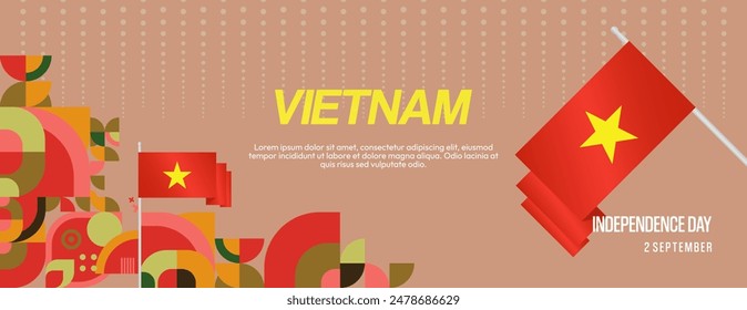 Vietnam Independence Day banner in modern geometric style. Wide banner for celebration day with flags and typography. National holiday celebration backgrounds. Happy Vietnam Independence Day