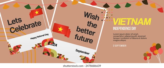 Vietnam Independence Day banner in modern geometric style. Wide banner for celebration day with flags and typography. National holiday celebration backgrounds. Happy Vietnam Independence Day