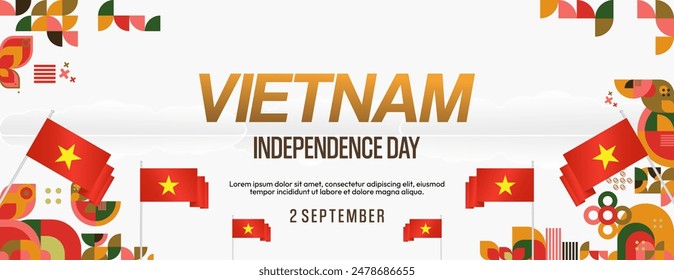 Vietnam Independence Day banner in modern geometric style. Wide banner for celebration day with flags and typography. National holiday celebration backgrounds. Happy Vietnam Independence Day